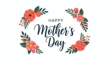 Fototapeta premium Happy mothers day greeting card with paper cut flowers isolated on white background