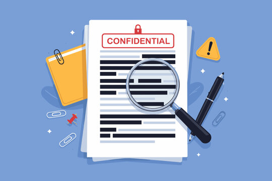Redacted Confidential Document Illustration with Magnifying Glass, Pen, and Warning Sign. Simple Flat Vector for Data Privacy, Security, Investigation, Censorship, and Classified Information.