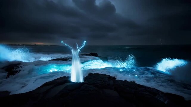 A radiant glowing woman phantom ghost spirit appears and disappears on a rocky ocean shore with bioluminescent blue waves and lightning during a stormy night.