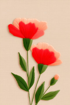 어버이날 스승의날 빨간 카네이션 자수 스타일 린넨 질감 플라워 일러스트