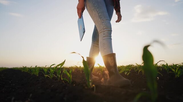 Agriculture. farmer woman with tablet in lifestyle boots working in field with corn. agriculture business farm concept. close-up of a farmer walking through rows of corn sprouts in a field at sunset