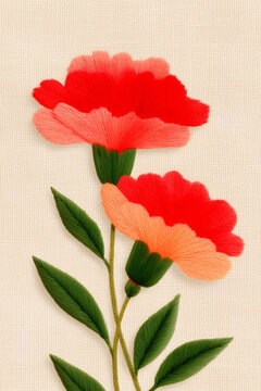 어버이날 스승의날 빨간 카네이션 자수 스타일 린넨 질감 플라워 일러스트