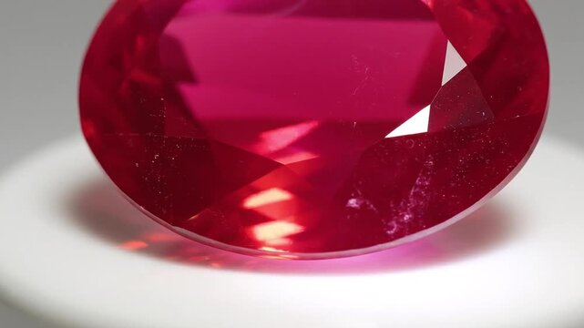 Red ruby gemstone rotating on white pedestal.