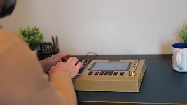 Middle Aged Man Making Hip Hop Beats on Hardware Sampler with Flashing Pads - Rap Music Producers in Danger with AI Music Concept