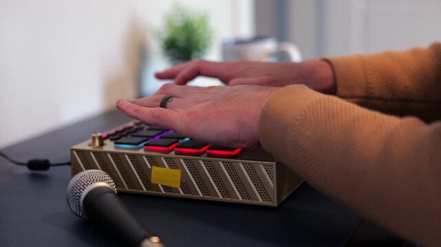 Middle Aged Man Making Hip Hop Beats on Hardware Sampler with Flashing Pads - Rap Music Producers in Danger with AI Music Concept