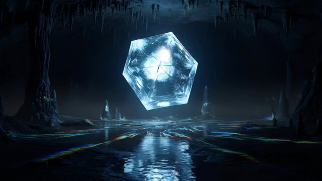 Glowing mysterious crystal hexagon hovering above water in a dark ancient cave. Fantasy sci-fi alien artifact. Power relic background.
