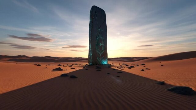 Ancient glowing monolith in a vast desert landscape at sunset. Mystical alien artifact from a lost civilization, scy-fy and fantasy concept.