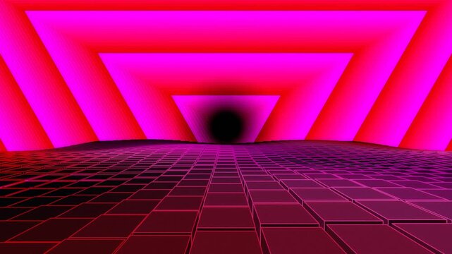 3D Neon Cube Corridor Background with a triangular pattern,pink and red, for videotrons, advertising, gaming, virtual environments, music, digital signage, virtual reality, live events, meetings,