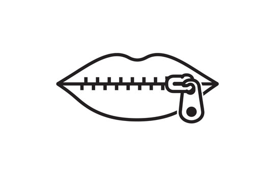 Zipped Lips Icon Symbolizing Silence, Secrecy, and Privacy. Minimalist Black Line Art Illustration of a Sealed Mouth with a Zipper for Concepts of Censorship, Confidentiality, and Quietness.