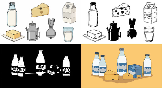 Whimsical Flat-Design Grocery Items and Beverages Illustration Set