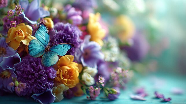 A vibrant bouquet of flowers with a beautiful blue morpho butterfly