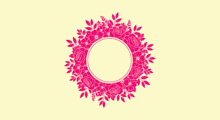 Beautiful Pink Flower Wreath Round Border Template with Roses and Foliage on Soft Yellow Backdrop. © Bilkis Islam
