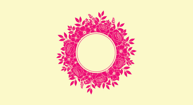 Beautiful Pink Flower Wreath Round Border Template with Roses and Foliage on Soft Yellow Backdrop.