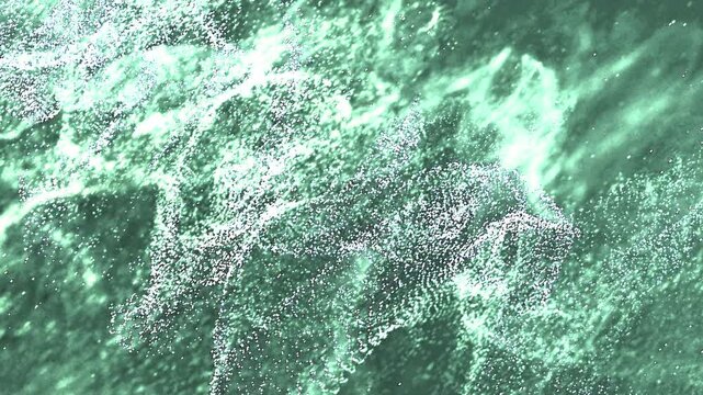 Particles abstract green and white textured pattern with a dynamic, organic design, resembling a mixture of natural and digital elements.