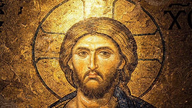 Byzantine mosaic of Jesus Christ with golden halo. Antique religious icon artwork depicting divine savior. Historical christian wall art with ornate tile pattern.