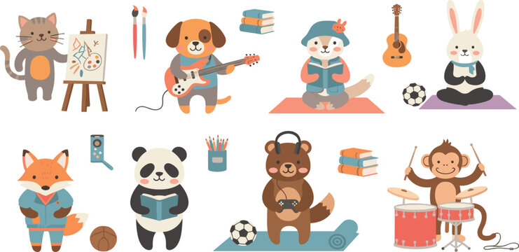 Cute Animal Hobby and Activity Illustration Set Featuring Painting Music Reading Sports Yoga and Creative Cartoon Characters Collection