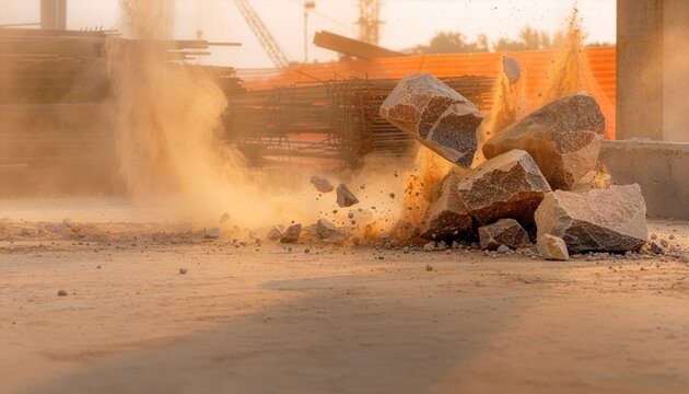 Heavy rocks crashing onto dusty ground at construction site, strong impact force, realistic debris and dust particles, warm sunlight, industrial concept, high-speed photography style, AI Generative