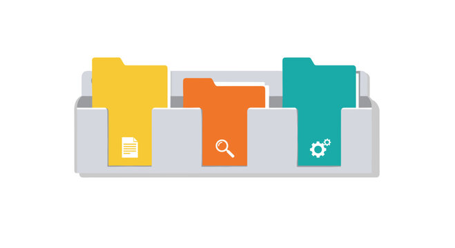 Three distinct colored file folders in yellow orange and teal are neatly organized within a grey wall mounted rack unit against a clean white background.