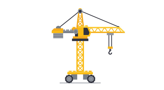 Yellow tower crane stands on wheels with a hook and counterweight, depicted in a clean flat vector style against a plain white background for projects.