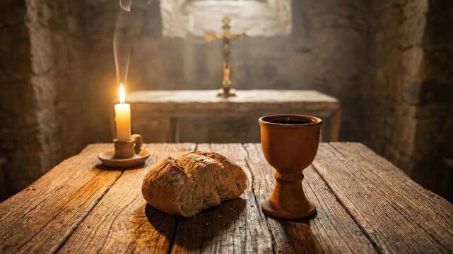Bread and wine displayed on a wooden table in front of a golden cross. Eucharist ceremony setting with a lit candle and incense smoke in a church chapel interior.