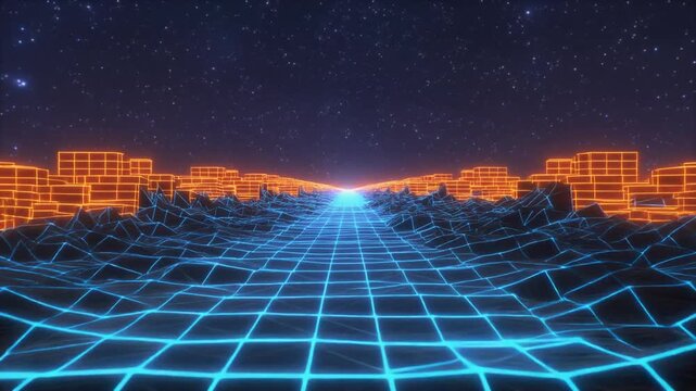 Retro digital grid landscape with glowing wireframe structures and starry sky, symbolizing cyberspace, virtual reality, and futuristic aesthetics.