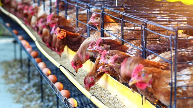 Laying hens in cages are eating commercial feed. (Chicken farm).