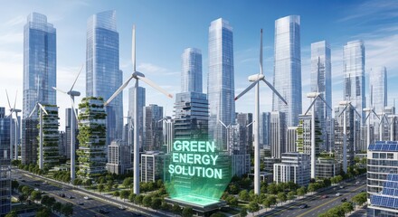 Obraz premium A breathtaking panoramic view of a futuristic eco-city skyline, featuring modern skyscrapers and numerous wind turbines, symbolizing advanced green energy solutions.