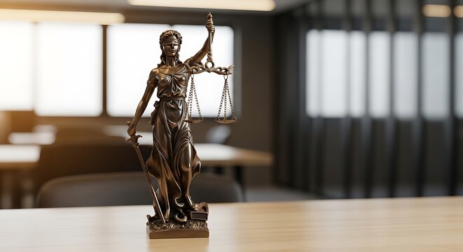 Bronze statue of justice holding scales and sword on table in courtroom