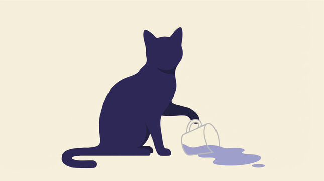 Minimalist illustration of a dark blue cat spilling purple liquid from a mug