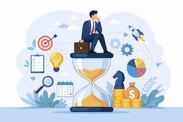 Businessman Sitting on Hourglass Thinking of Creative Solutions, Strategic Planning, Time Management, and Decision Making for Financial Growth and Success, Flat Vector Concept Illustration.
