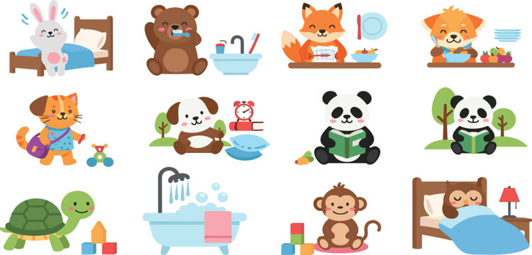 Cute Animal Daily Routine Illustration Set Featuring Eating Sleeping Reading Bathing Morning Activities Cartoon Collection