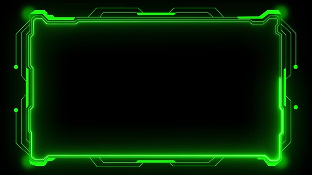 Futuristic neon green digital interface border with glowing circuit lines and data elements. Futuristic neon green tech frame with glowing circuit lines. Digital interface design.