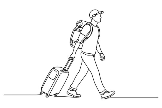 Continuous line drawing of a male traveler walking with a backpack and pulling a rolling suitcase behind him. Minimalist vector illustration of a man on a journey, vacation, or business trip.