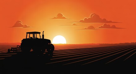 Fototapeta premium A silhouette of a tractor plowing a field is set against a dramatic, fiery orange sunset with scattered clouds.