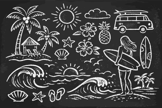 Hand Drawn Chalk Doodle Beach and Surf Illustration Set with Tropical Hawaii Coastal Elements, Palm Trees, Ocean Waves, Sun, Hibiscus Flowers, Pineapple, Camper Van, and Woman Surfer on Blackboard.