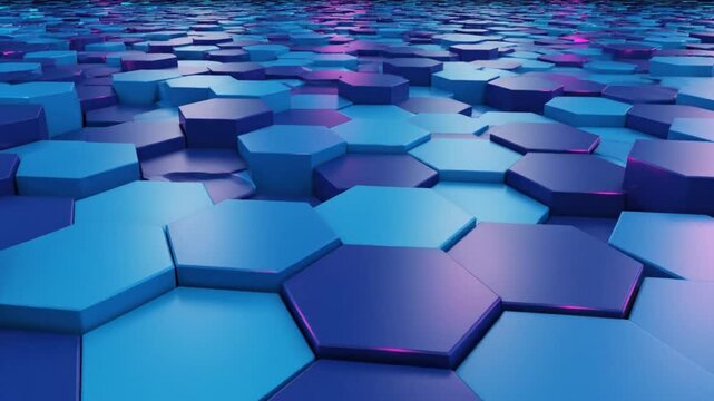 Abstract futuristic hexagonal surface with blue and purple color scheme, 3d render of digital graphic.