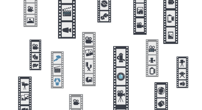 Multiple vertical strips of film negatives featuring diverse cinema-related icons scattered on a clean white background with a flat and minimalist aesthetic.