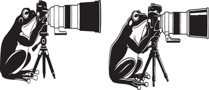 A black and white illustration of a frog sitting on a tripod and holding a camera with a large lens, photography concept