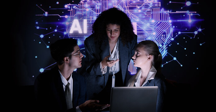 Ai and Business. Team collaborating with futuristic AI workspace illuminated by digital brain and neural network visuals. Ideal for artificial intelligence innovation teamwork and technology concepts