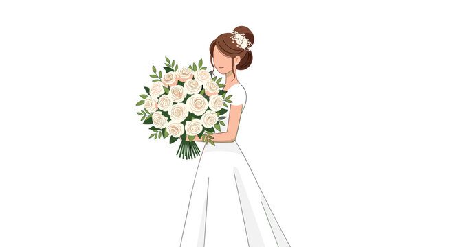 Beautiful bride dressed in a simple white gown holds a large, lush bouquet of cream-colored roses near her face in a serene and romantic wedding setting.
