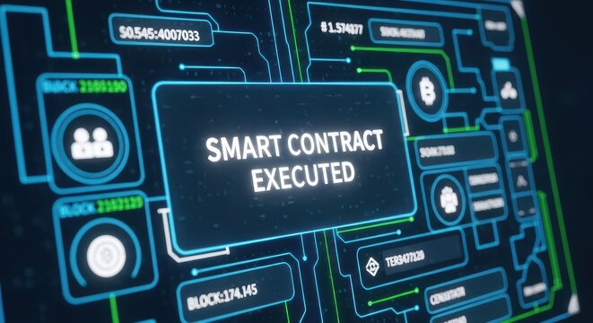 Close-up of a digital interface displaying 'Smart Contract Executed' with blockchain elements, representing secure and automated digital agreements.