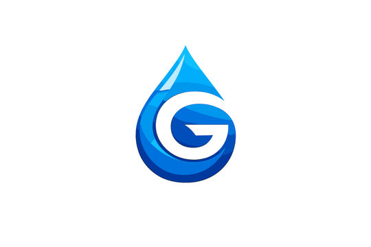 Letter G Water Drop Logo Design Vector Symbol. Blue Glossy Water Droplet with Letter G Inside. Professional Branding Icon for Plumbing, Beverage, or Environmental Company. Modern 3D Style Icon.