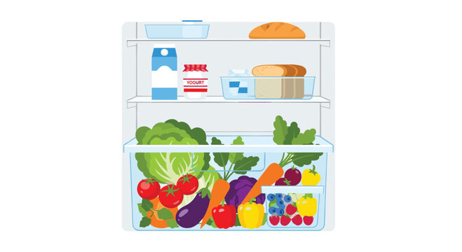 Organized refrigerator interior displays fresh vegetables, dairy products, and bread on clean shelves within a brightly lit and modern kitchen appliance unit.