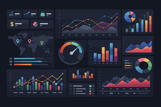Modern Dark Dashboard UI Kit Featuring Analytics Widgets, Charts, Graphs, and KPI Cards for Business Data Visualization, Admin Panel Interface, Financial Statistics, and Infographic Reporting.