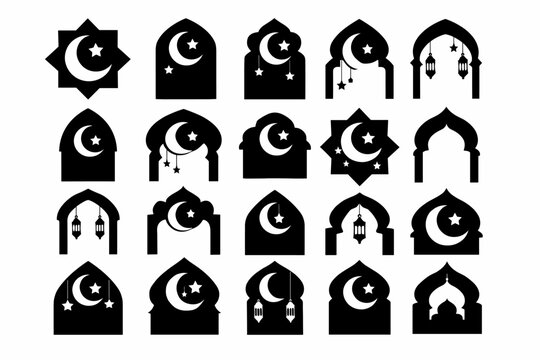 Set of Ramadan Kareem Islamic Window Frame Shapes with Crescent Moon and Star Elements, Arabic Architecture Arch Silhouettes, Decorative Eid Mubarak Ornaments for Greeting Cards and Posters