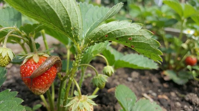 Close view of ripe strawberry with a slug on the fruit in a garden bed, natural light and shallow focus, conveys pest damage and organic growing challenges