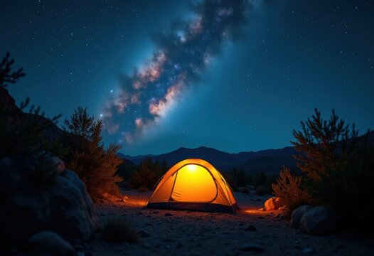 Starlit Camping Tent Under Wilderness Sky Cosmic Constellations Nighttime Adventure Outback Atmosphere