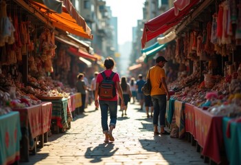 Obraz premium Vibrant City Break Exploration of Dynamic Street Markets Filled with Colorful Stalls and Local Crafts