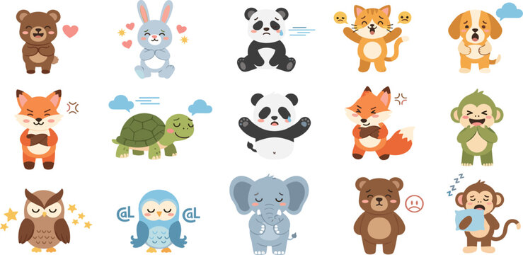 Cute Animal Emotions Illustration Set Featuring Happy Sad Angry Sleepy Expressions Cartoon Characters Collection