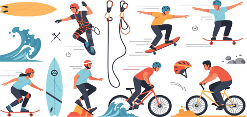 Extreme Sports Icon Set Featuring Surfing, Skateboarding, Biking, Rock Climbing, and Action-Filled Activities for Adventure Designs © Mahan